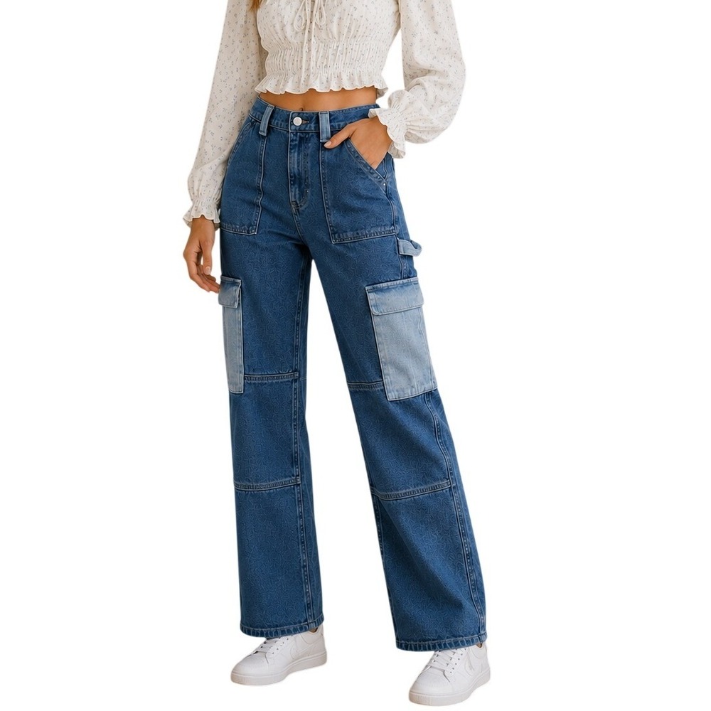 PacSun Cargo Jeans Women 27 Blue Colorblock Carpenter High Rise Straight Leg